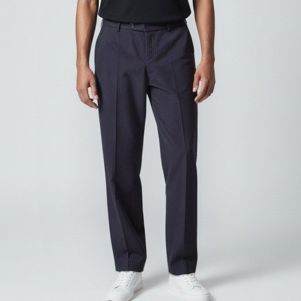 Mens Navy Blue Shadow Stripe Straight Leg Dress Pants Trousers 39x38